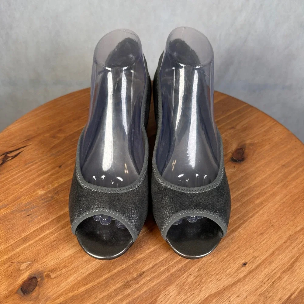 Anne Klein Sport Wedge Heels Womens 8M Pewter Good Snakeskin Peep Toe Shoes